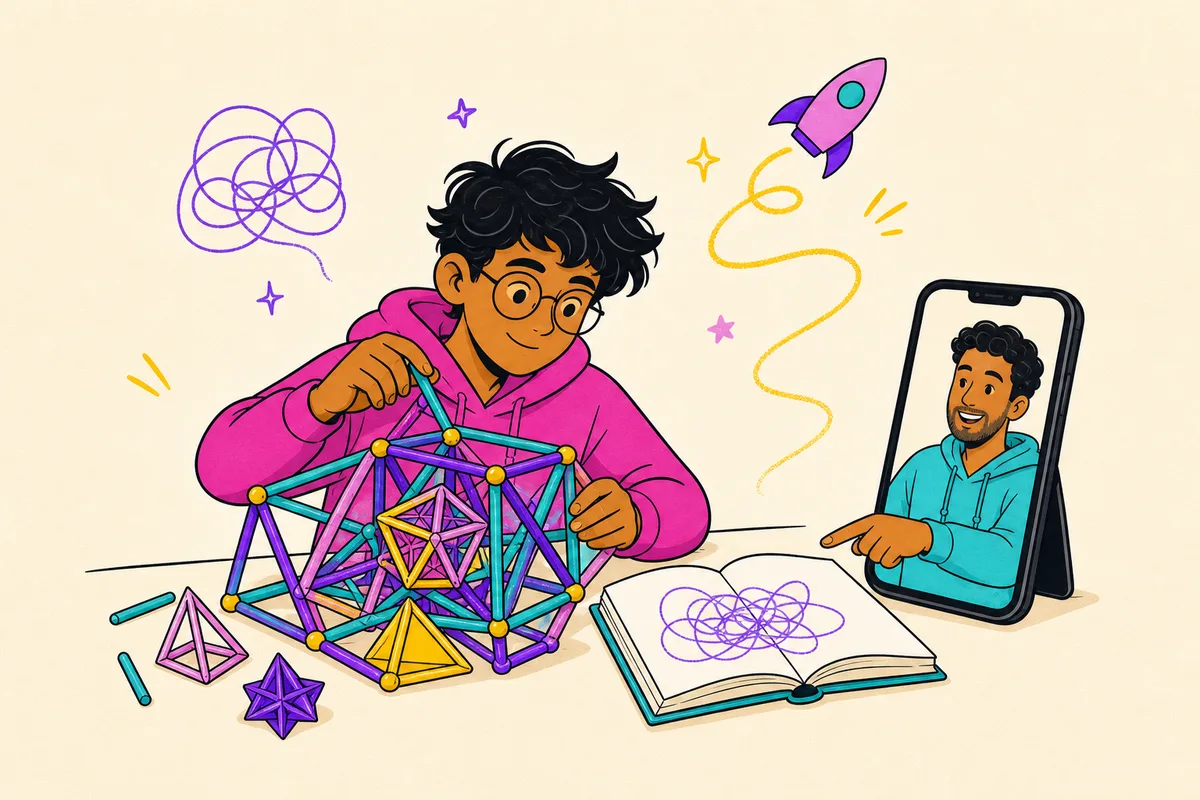 Illustration of a gifted student with an impressive model he built beside a messy planner, coach admiring the model and pointing gently at the planner