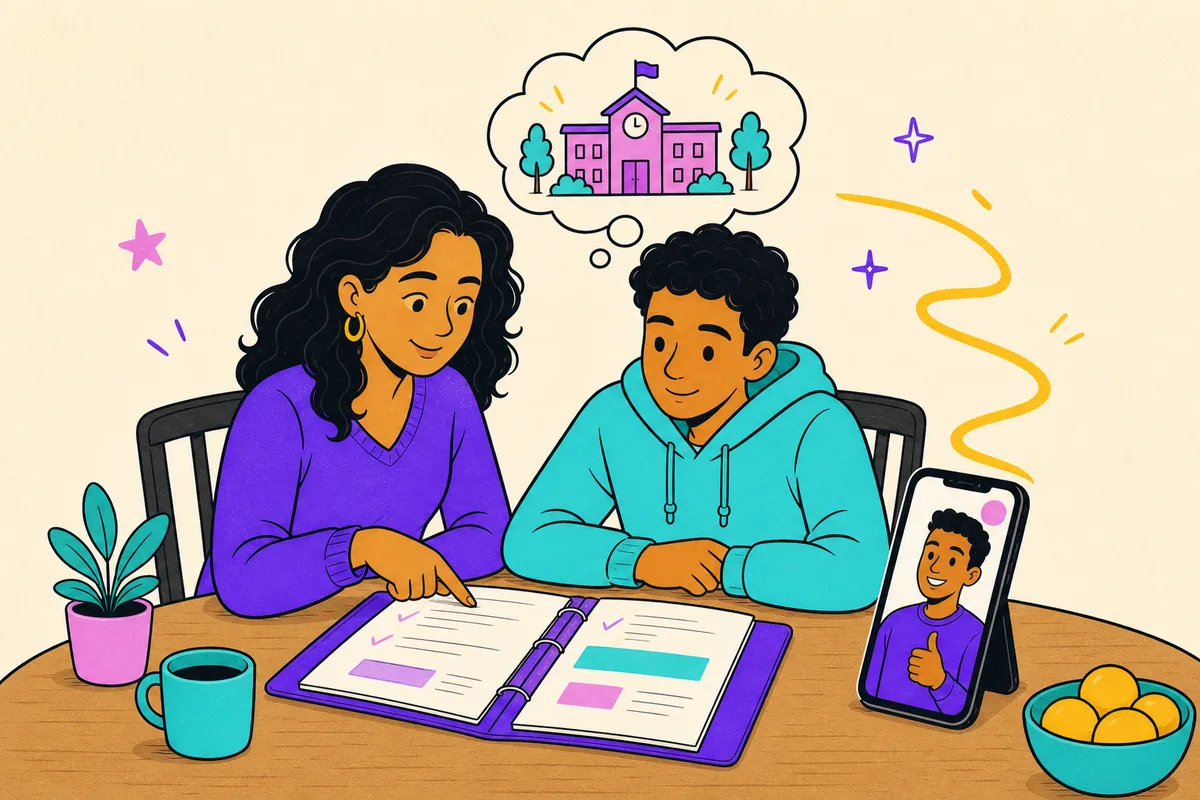 Illustration of a parent and teen reviewing school paperwork together at the table, coach giving a reassuring nod from a phone