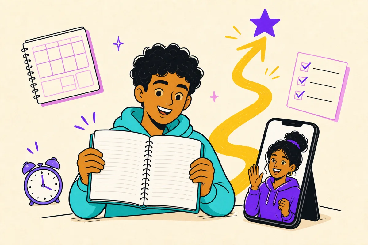 Illustration of a student holding up a notebook with a rising arrow while a coach cheers from a phone