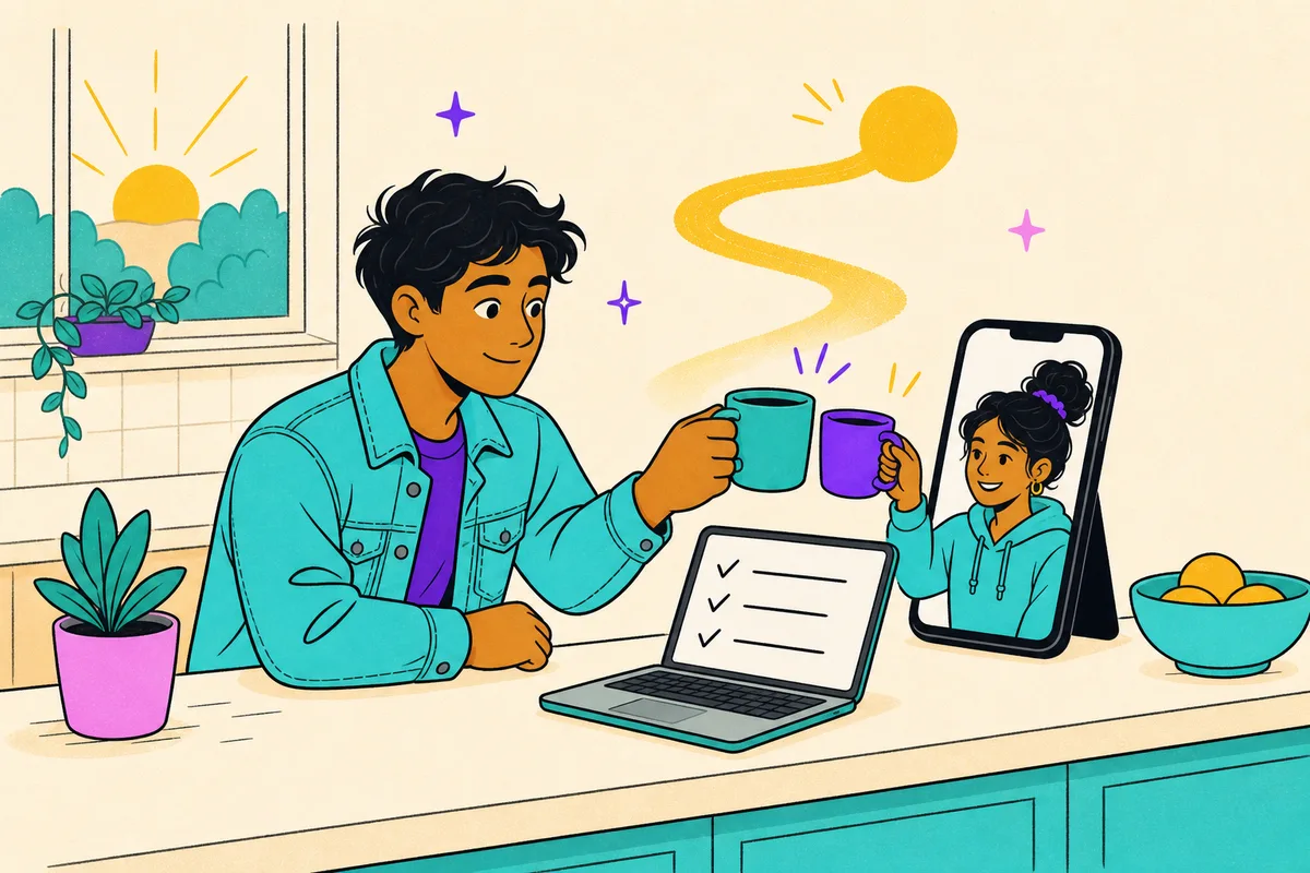 Illustration of a student and his coach raising coffee mugs to each other over a morning video check-in