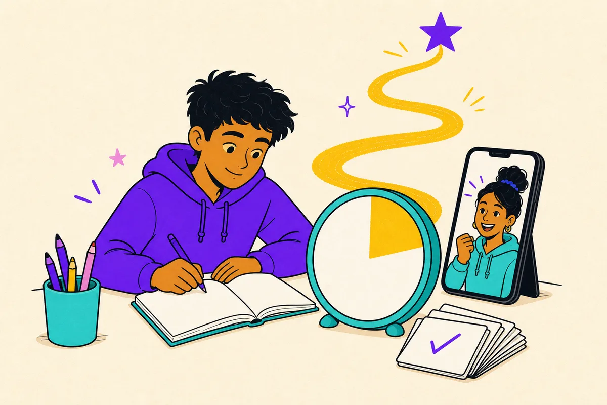 Illustration of a student studying in a short sprint with a wedge timer and flashcards while a coach cheers from a phone