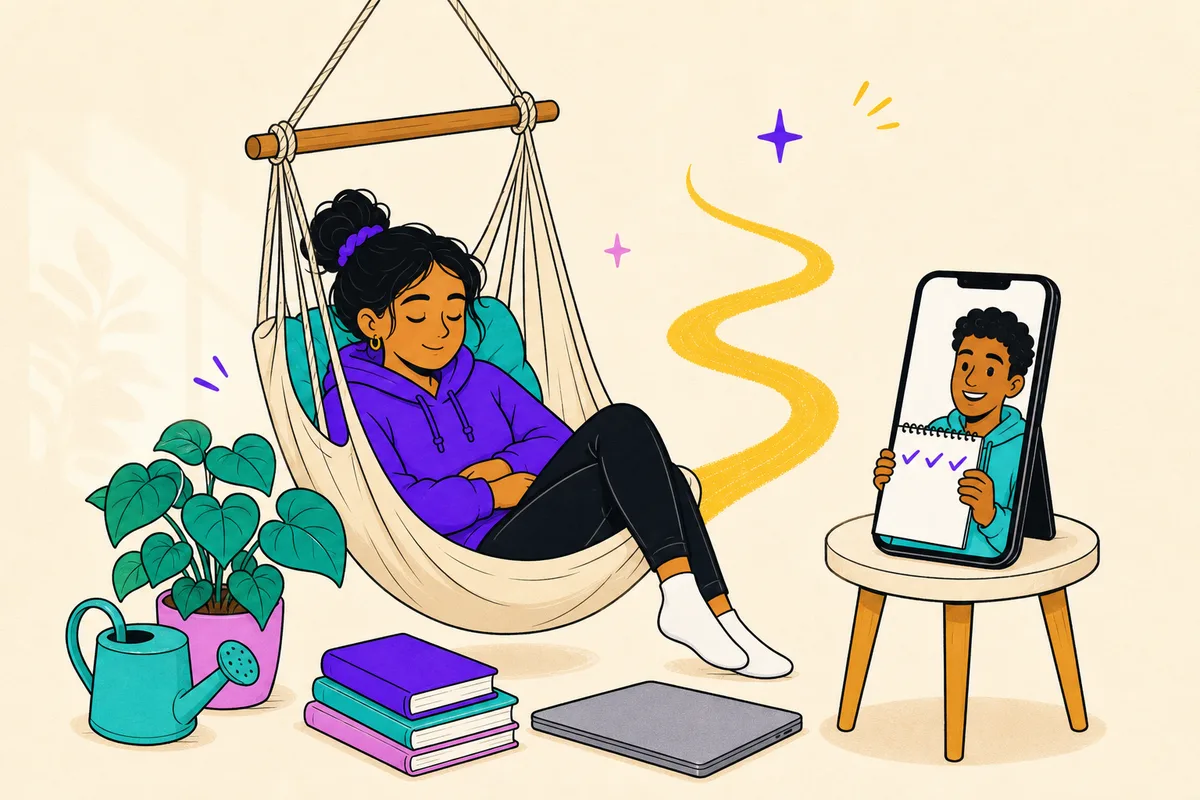 Illustration of a teen recovering in a hammock chair with a closed laptop, coach holding up a deliberately light schedule from a phone