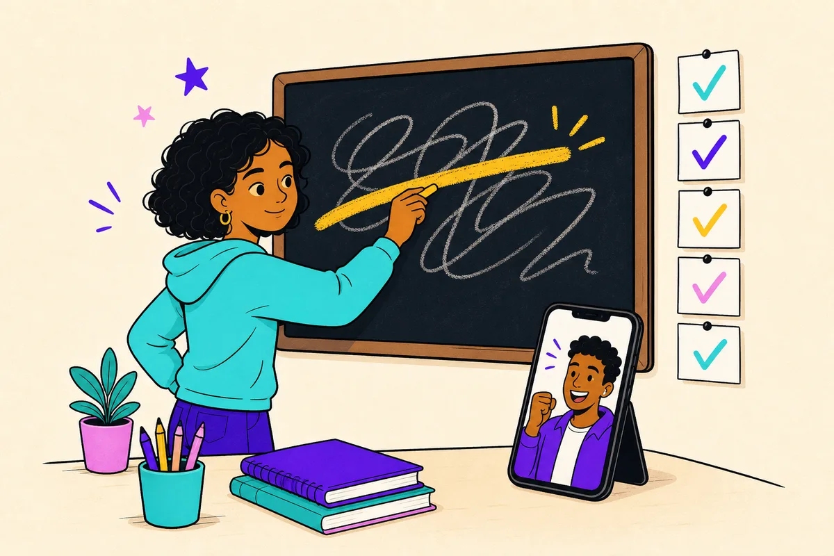 Illustration of a teen striking through a chalk scribble of doubt beside a ledger of win checkmarks, coach cheering from a phone
