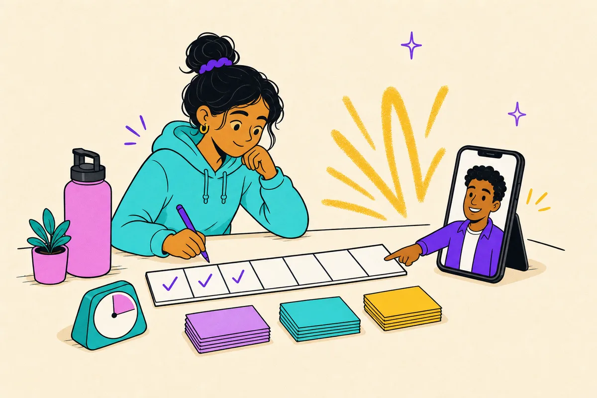 Illustration of a calm student running her finals war-room: weekly plan slots, sorted flashcards and a wedge timer, coach pointing at the next block
