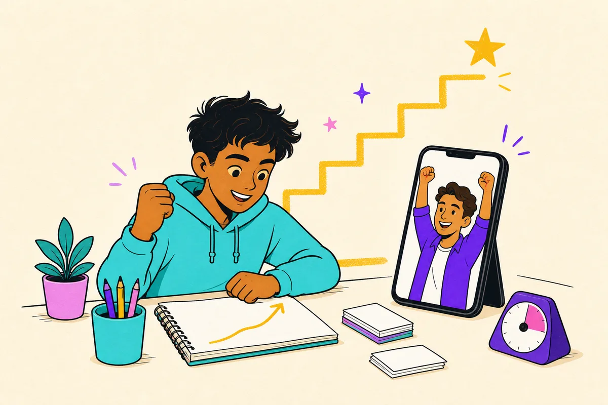 Illustration of a determined student fist-pumping at a rising trend line, flashcards and timer on the desk, coach celebrating from a phone
