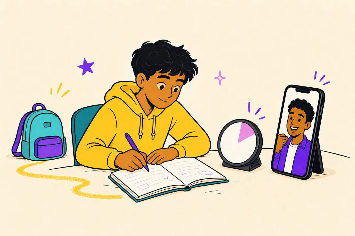 Illustration of a teen focused on homework at the kitchen table with a wedge timer running and his coach cheering from a phone