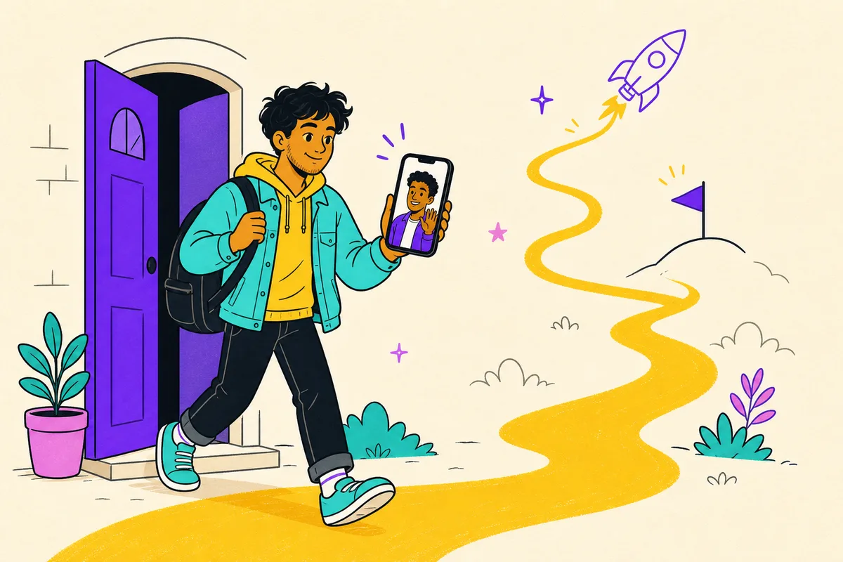 Illustration of a young adult stepping out the front door onto a bright path toward a flag, a doodle rocket lifting off, coach waving from his phone