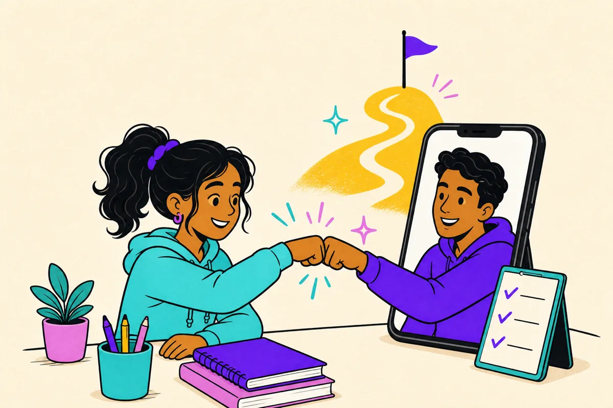 Illustration of a coach fist-bumping a teen through a phone screen, with a flag planted on a yellow path