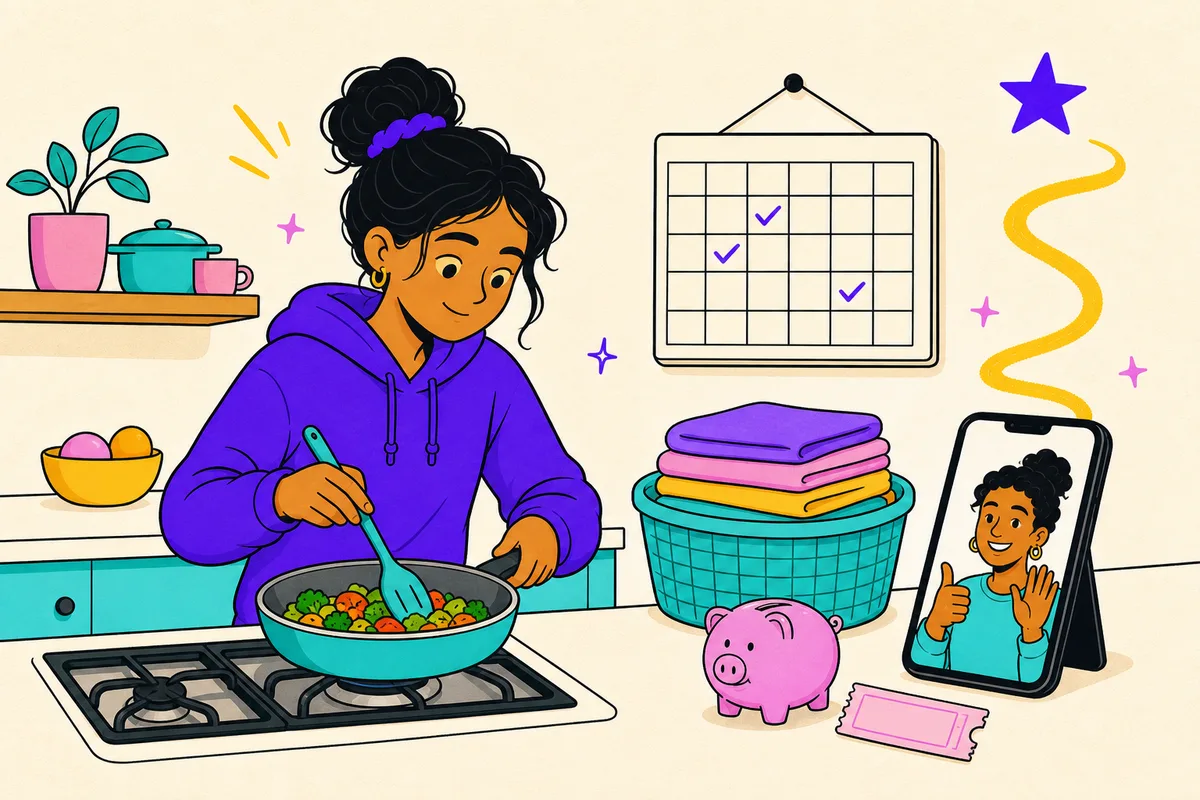 Illustration of a teen confidently cooking and managing her own calendar and laundry, coach cheering from a phone on the counter