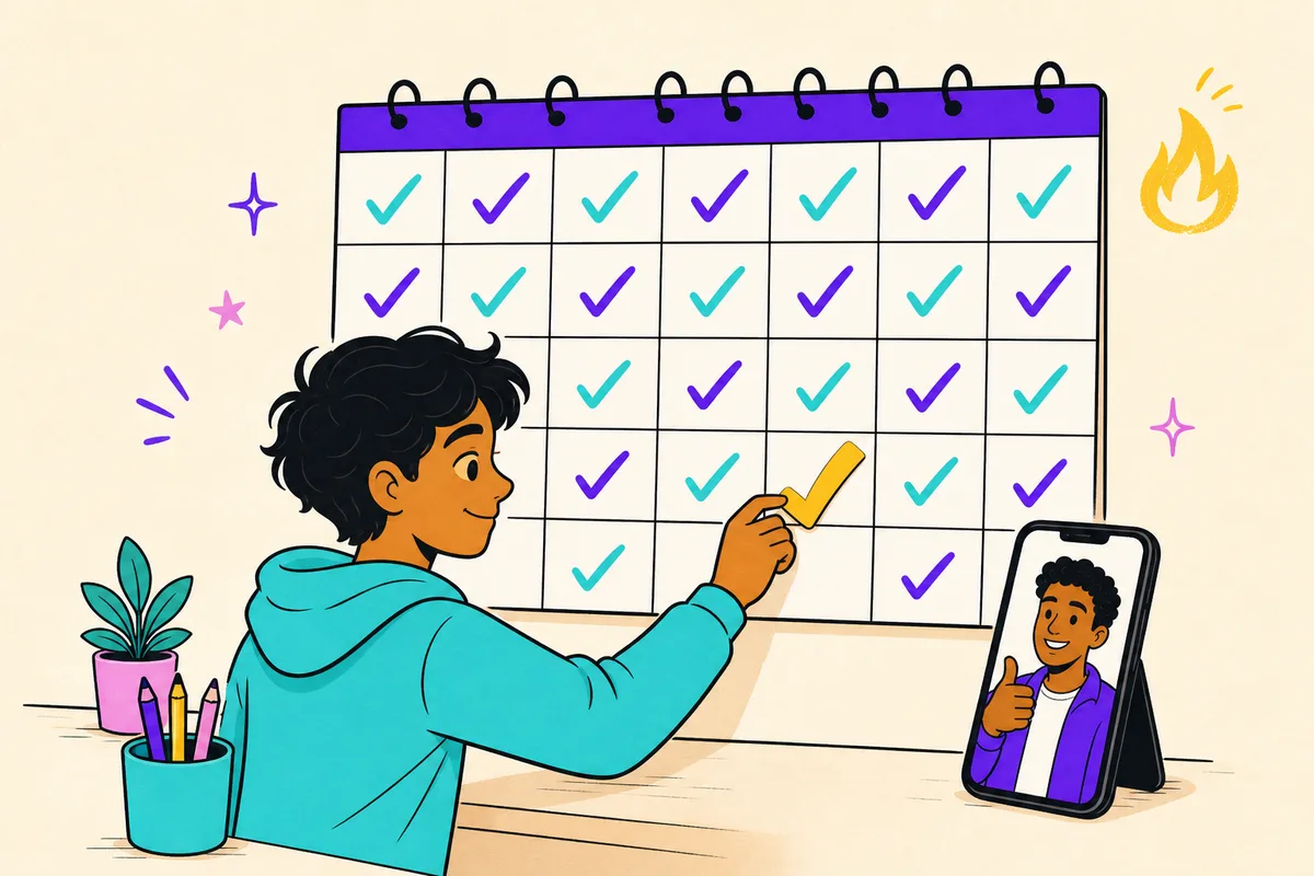 Illustration of a teen adding a checkmark to a nearly full month calendar while his mentor gives a thumbs-up from a phone