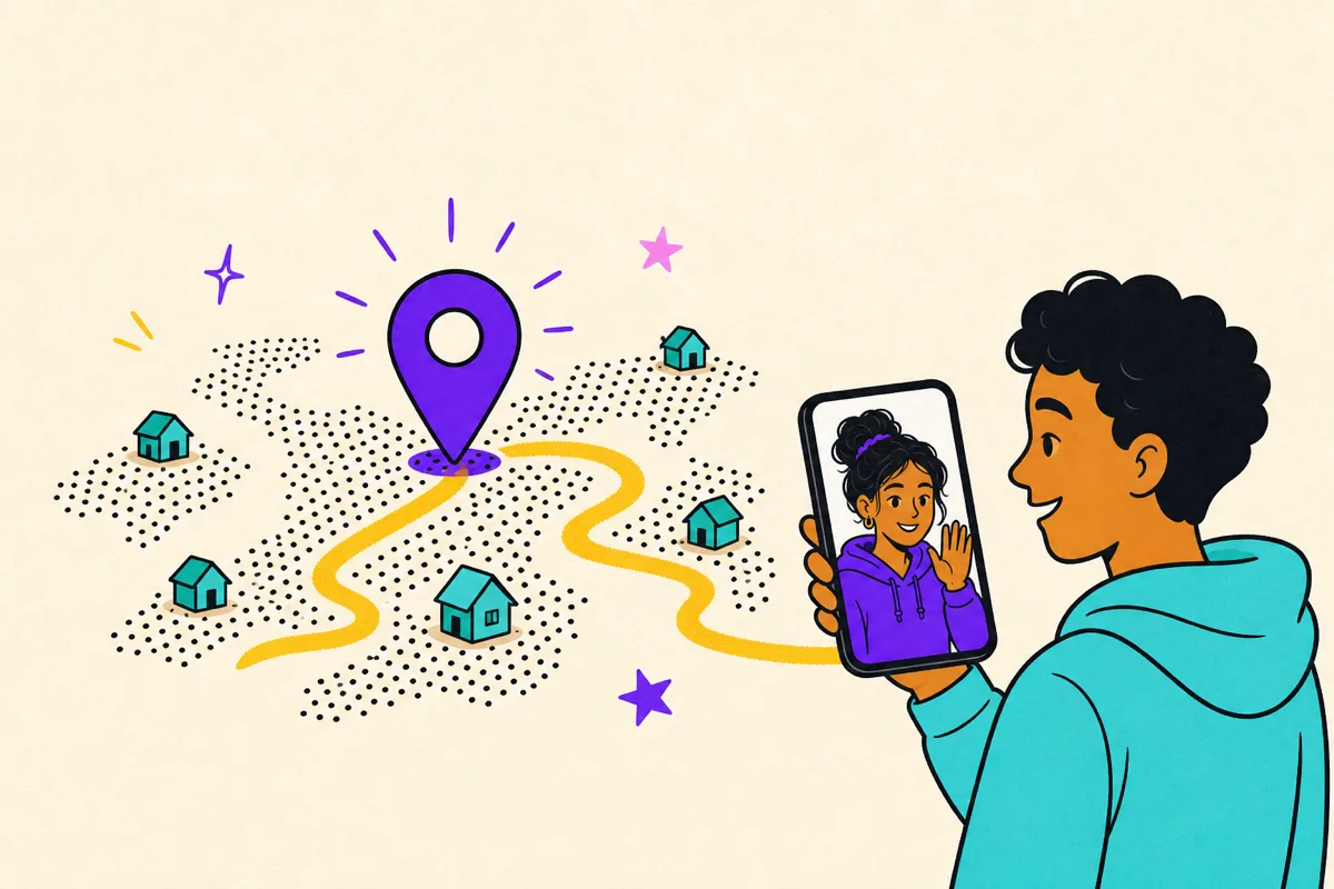 Illustration of a dotted map with a glowing pin connected by a yellow line to a teen's phone with a waving coach