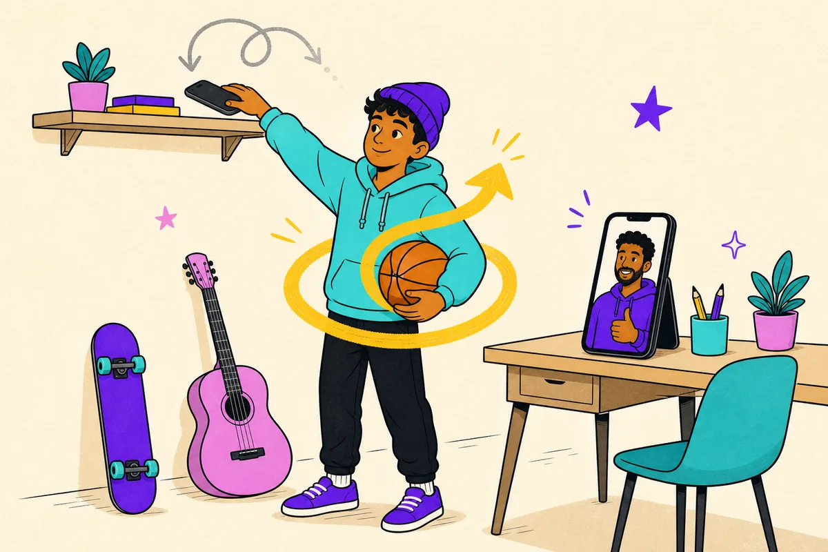 Illustration of a teen putting his phone on a shelf and picking up a basketball, coach giving a thumbs-up from a phone on the desk