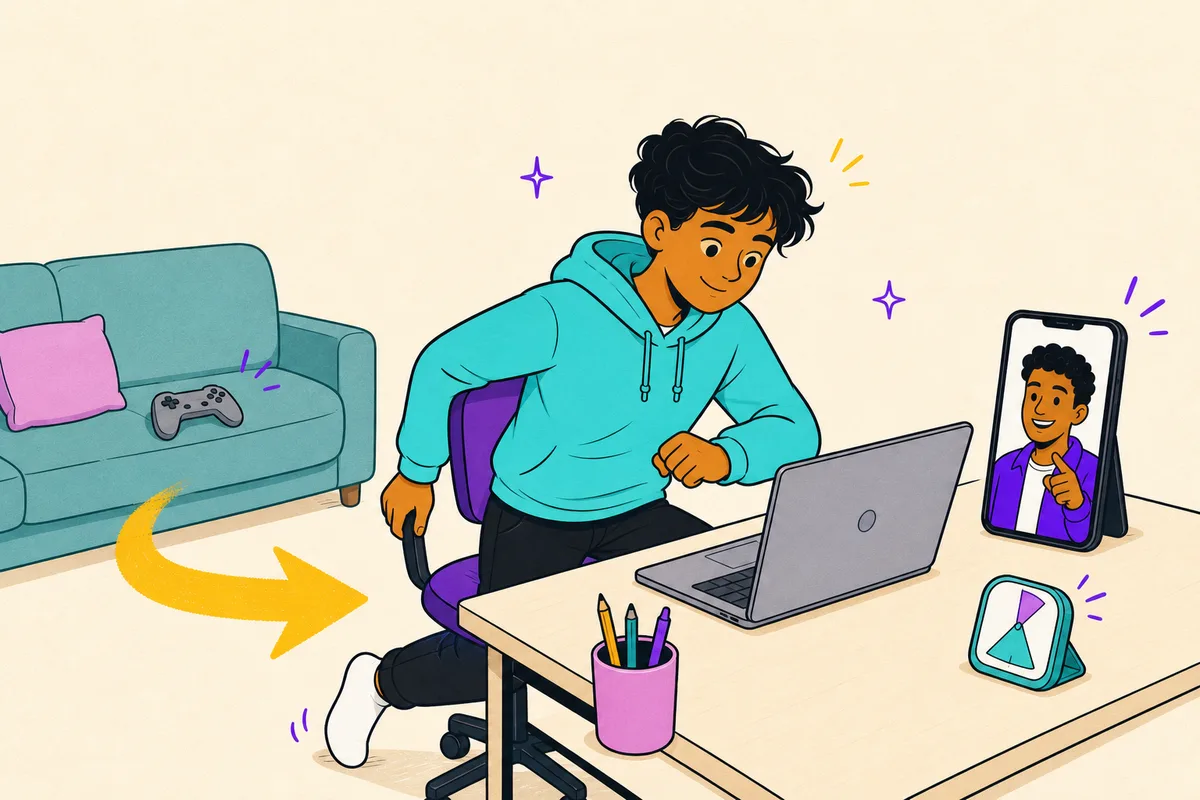 Illustration of a teen who has just sat down and started, game controller left behind on the couch, coach encouraging from a phone