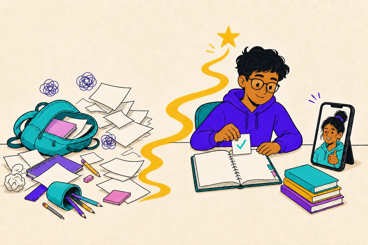 Illustration of a desk turning from scattered papers into a tidy planner system as a teen places a checkmark card, coach approving from a phone