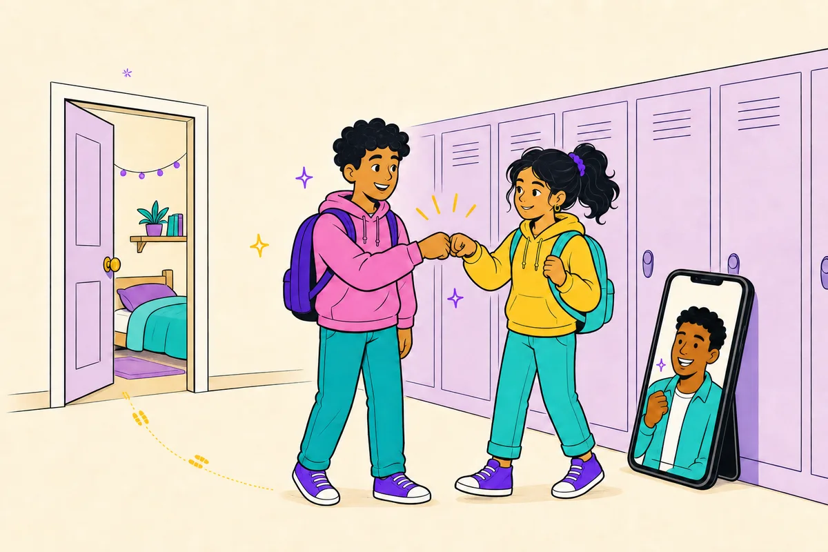 Illustration of a teen fist-bumping a new friend in a school hallway, a dotted path leading from a bedroom door, coach cheering from a phone