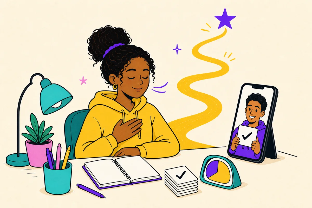 Illustration of a calm, prepared student doing a slow breath before a test, done flashcards beside her, coach holding up a checkmark from a phone