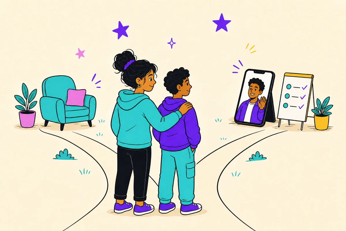 Illustration of a parent and teen at a gentle forked path: one branch to a counseling armchair, one to a coach on a phone