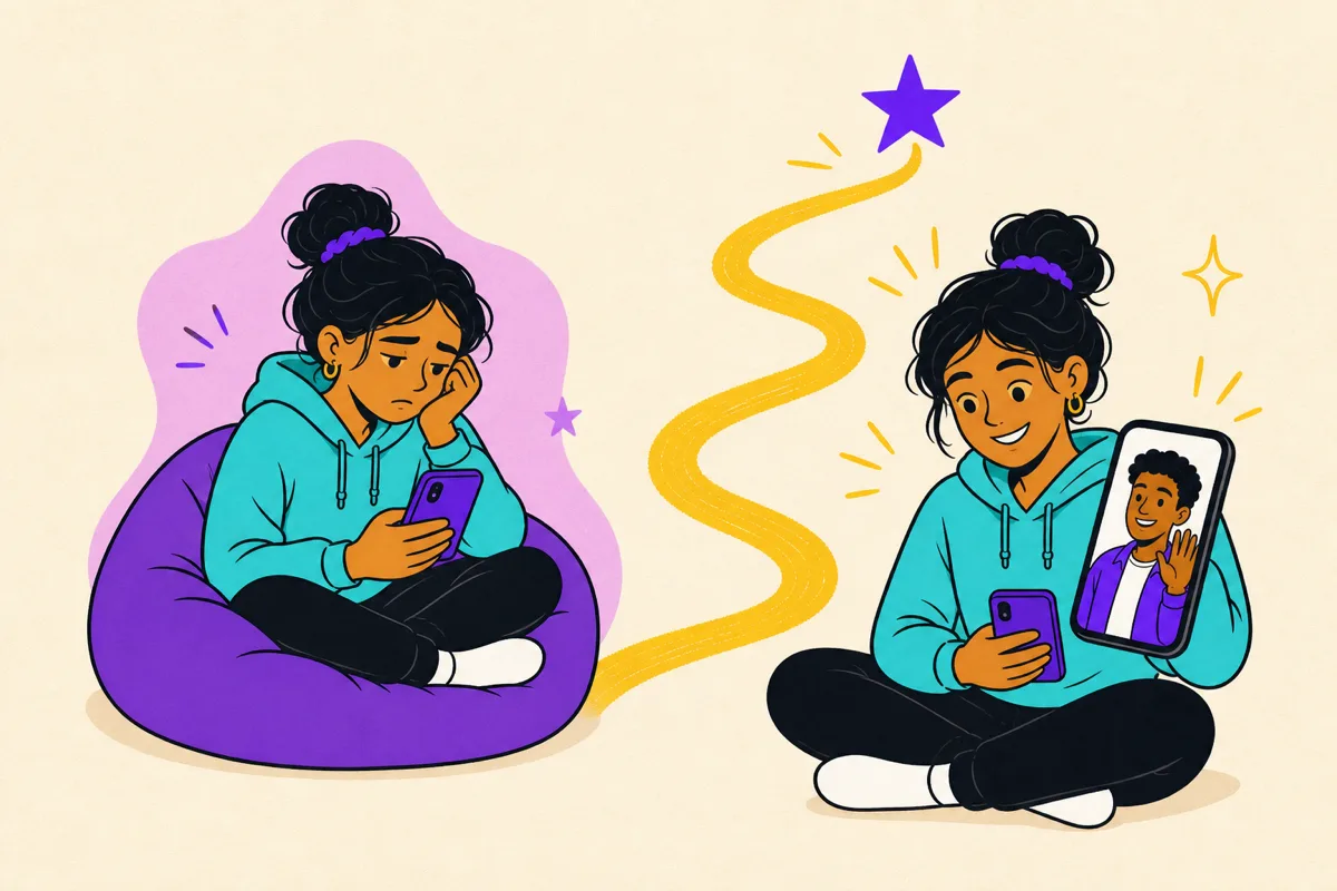 Illustration of a slumped teen and the same teen sitting up smiling at a coach on their phone, connected by a yellow path